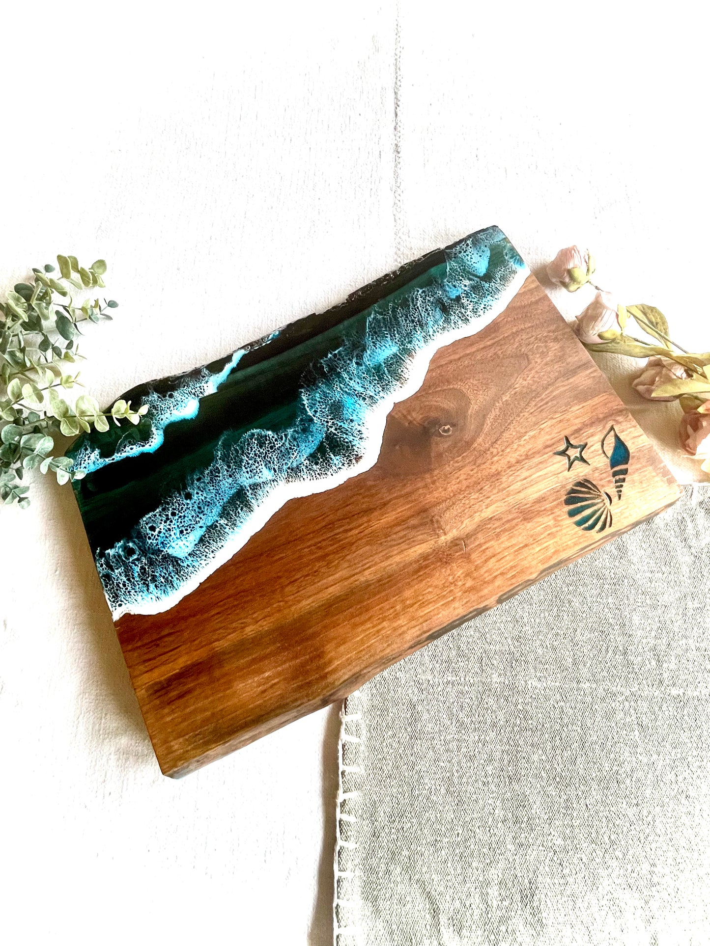 Resin art ocean waves live edge walnut wood slab charcuterie board