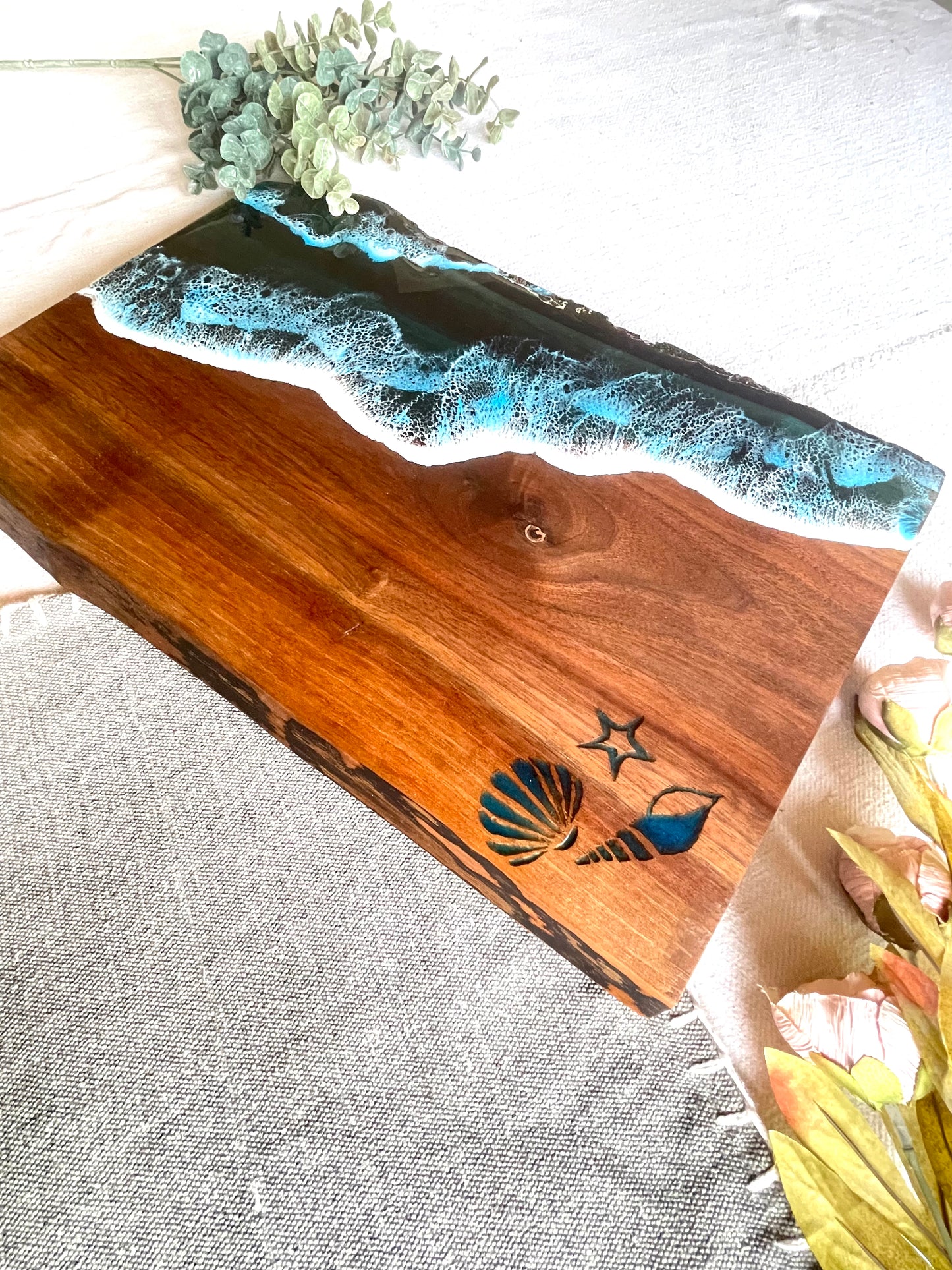 Resin art ocean waves live edge walnut wood slab charcuterie board