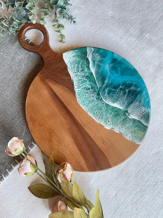 Round Charcuterie board with round handle resin ocean wave