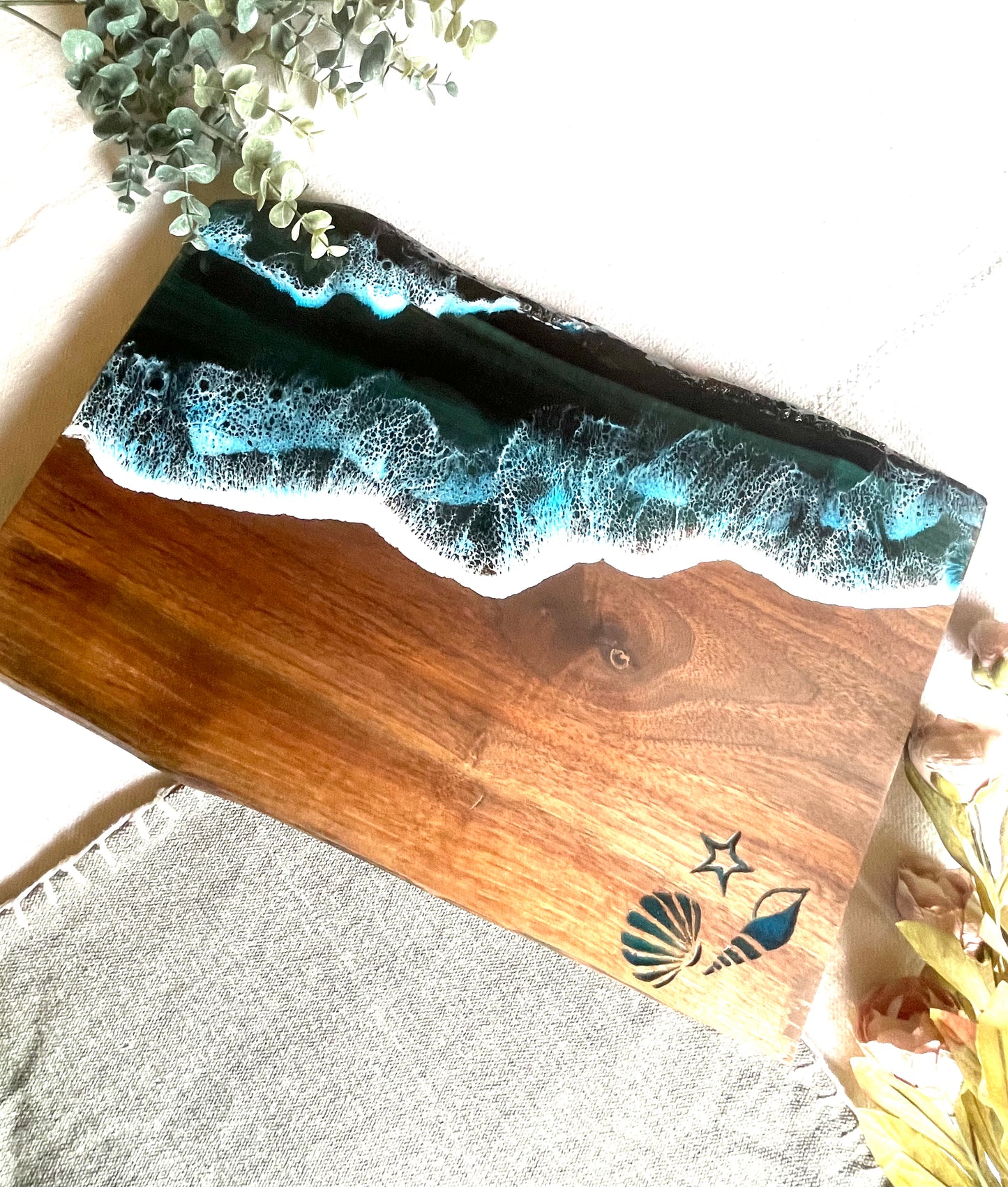 Resin art ocean waves live edge walnut wood slab charcuterie board