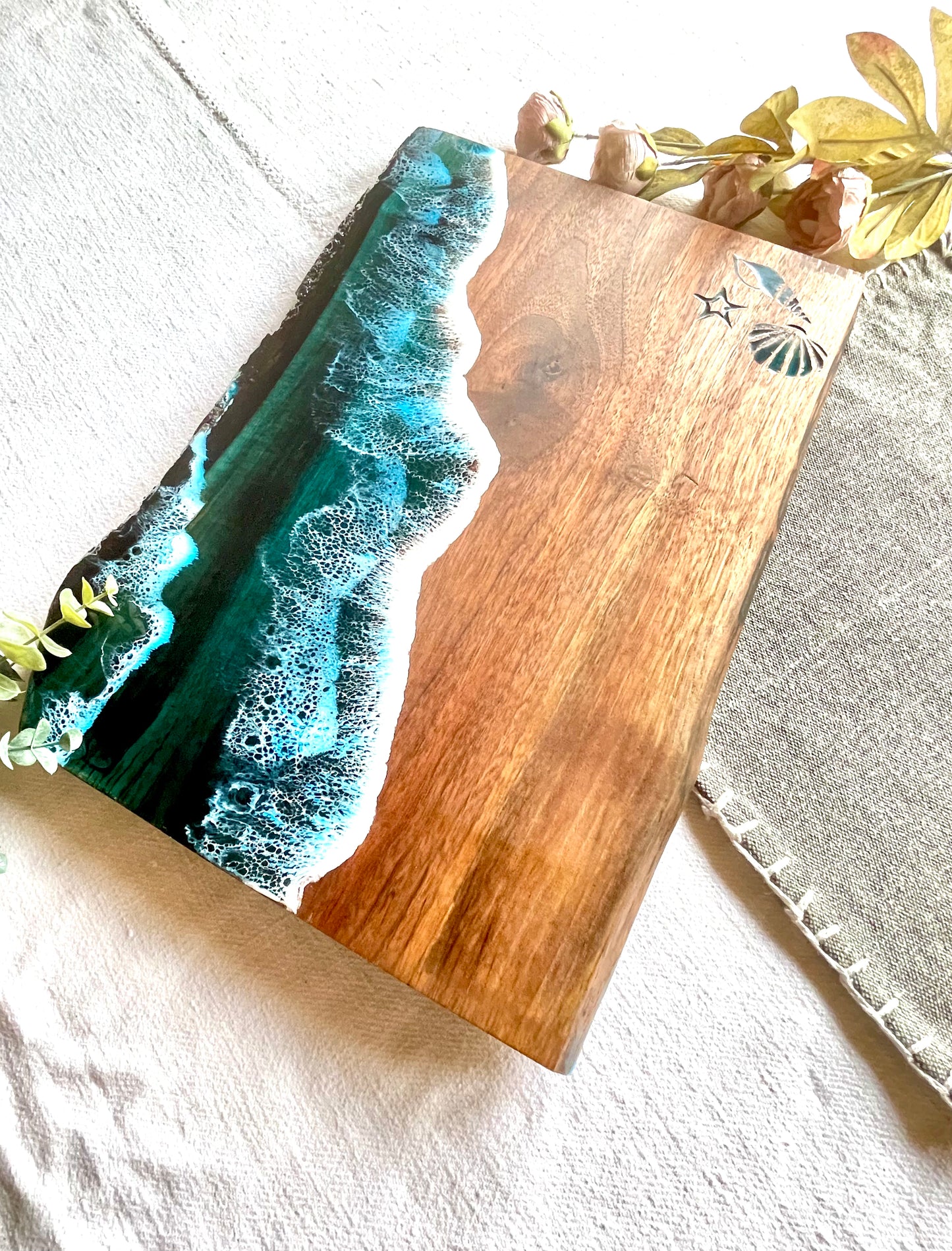 Resin art ocean waves live edge walnut wood slab charcuterie board