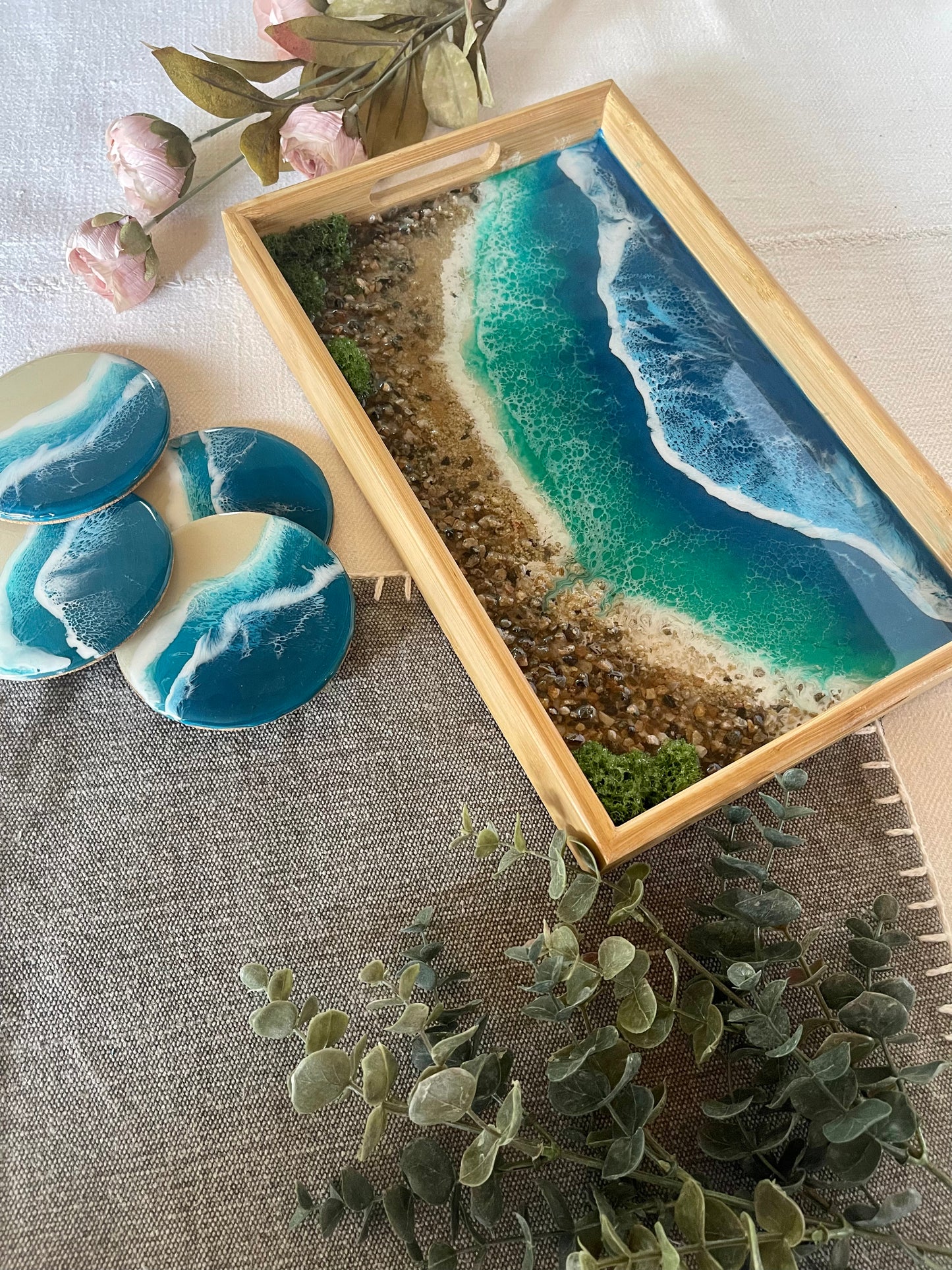 Bamboo Tray and Coaster Set Handcrafted with Stunning Resin Art Ocean Design