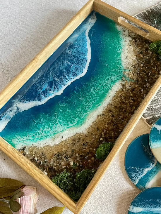 Bamboo Tray and Coaster Set Handcrafted with Stunning Resin Art Ocean Design