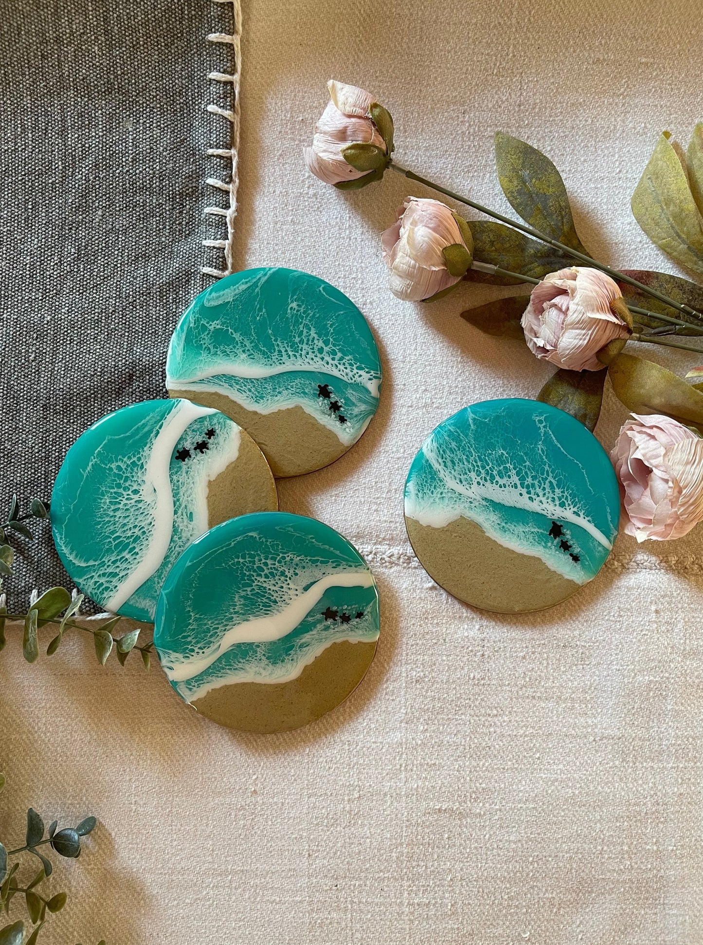 Resin art round coasters aqua green set of 4