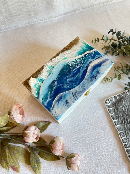 Handcrafted Resin Art wooden trinket box- Ocean waves design