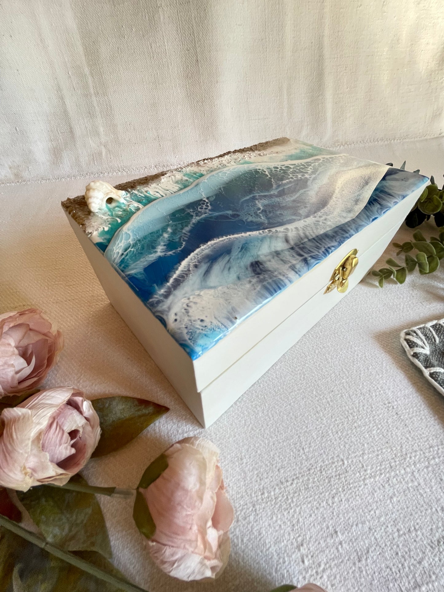 Handcrafted Resin Art wooden trinket box- Ocean waves design