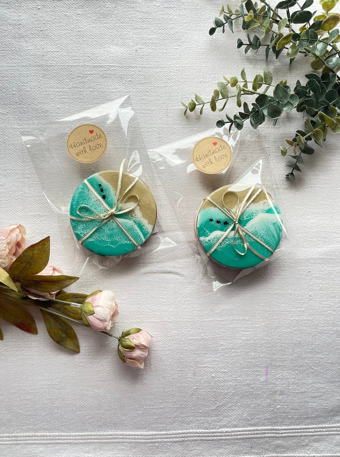 Resin art round coasters aqua green set of 4