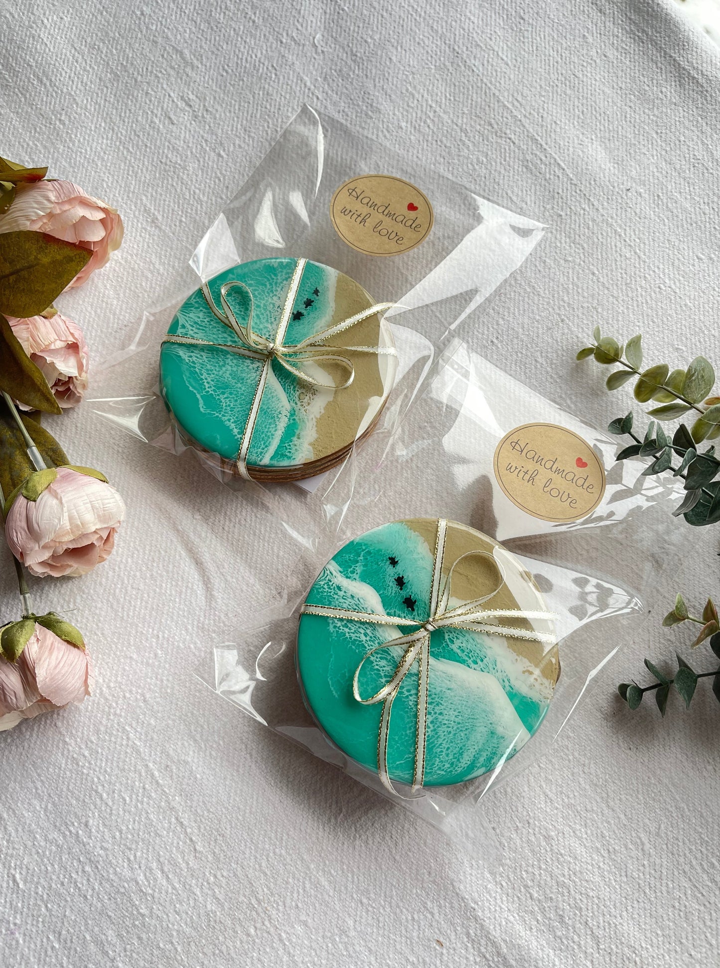 Resin art round coasters aqua green set of 4