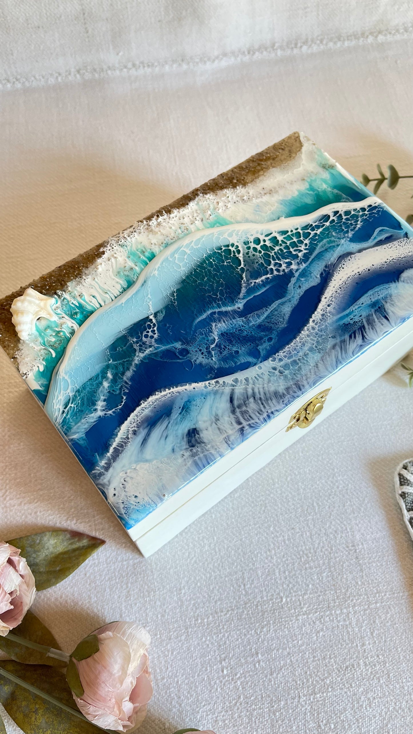 Handcrafted Resin Art wooden trinket box- Ocean waves design