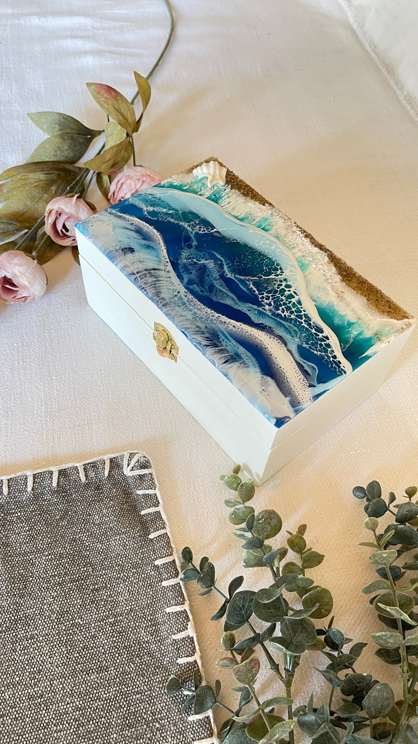 Handcrafted Resin Art wooden trinket box- Ocean waves design